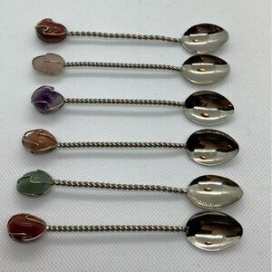 Silver Tone Twisted Semi Precious Gemstone Handle Demitasse Spoons Set of 6